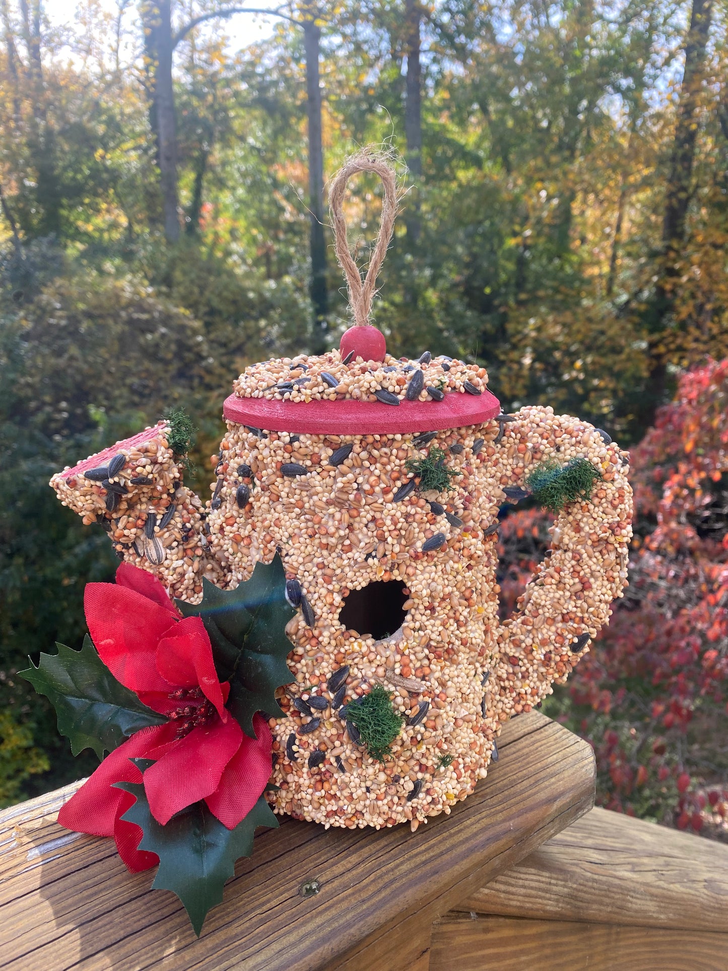 A Red Trim Watering Can decorated with Poinsettia 🌺 flower